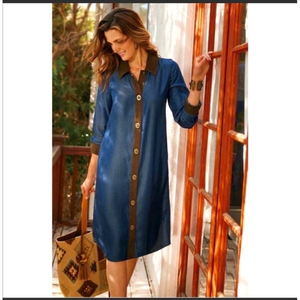 NWT Soft Surroundings Icon Urbina Denim Dress Women’s Size XS Tencel Blue Brown
